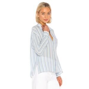 Vince Blue Textured Stripe Boxy Button Down Linen Blouse Small NEW